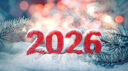 Festive 2026 New Year Countdown on Snowy Pine Branches with Bokeh Lights and Sparkling Red Numbers