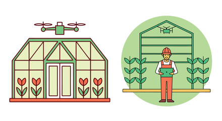 High-Tech Greenhouse Agriculture Vector Illustration Featuring Farmer Using Autonomous Drone for Precision Pollination and Sustainable Crop Management
