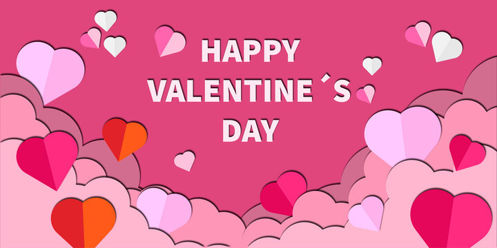 Banner horizontal para el d&iacute;a de san valent&iacute;n con corazones de papel sobre nubes rosas
