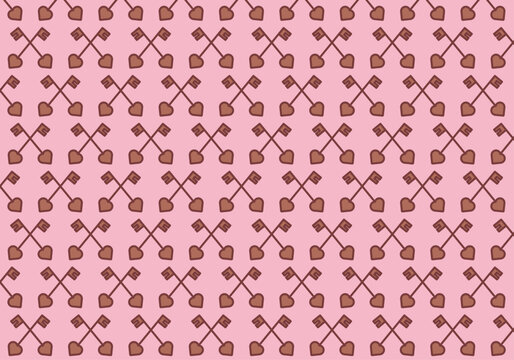 Patr&oacute;n repetitivo de llaves antiguas con cabeza en forma de coraz&oacute;n sobre fondo rosa