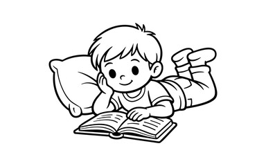 Cute cartoon boy lying on pillow reading an open book with a smile