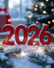 Festive 2026 New Year Countdown Scene with Snowy Red Numbers and Warm Christmas Lights