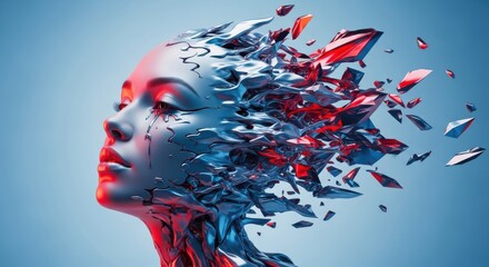 Woman Face Shattering Into Abstract Shapes