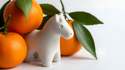 A charming white ceramic horse figurine sits next to vibrant oranges, evoking a sense of festive celebration and prosperity