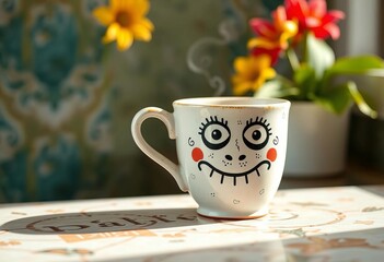 Whimsical ceramic cup with a peculiar design, perfect for a unique morning brew,  fun,  morning
