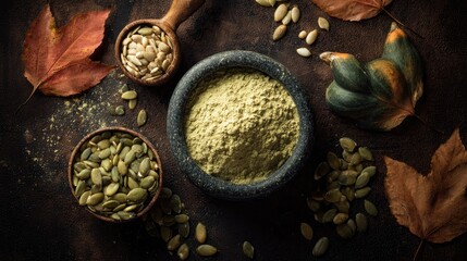 Autumnal pumpkin seeds and powder in rustic bowls on dark background