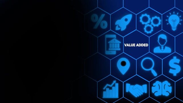Value added concept. Touching on virtual screen to create values. Way to adding value to product and service. Improving products, excellent service, expert advice, consistently upgrade,