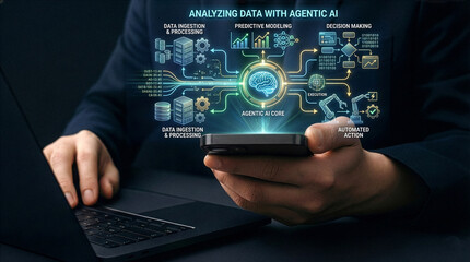 Fototapeta premium Businessman interacting with ai hologram in office, Concept of artificial intelligence, chatbot, virtual assistant, and generative AI technology.