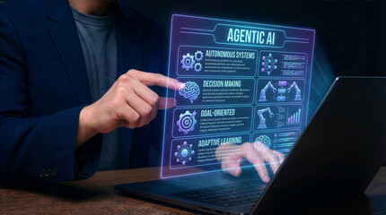 Businessman interacting with ai hologram in office, Concept of artificial intelligence, chatbot, virtual assistant, and generative AI technology.