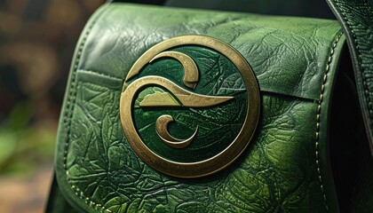 Close-up of an Elegant Green Leather Bag with Gold Emblem.
