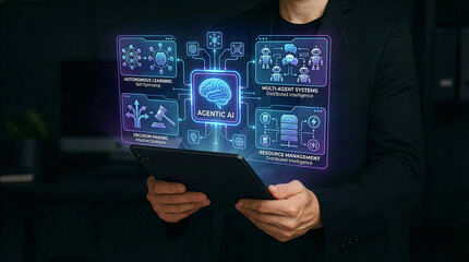 Businessman interacting with ai hologram in office, Concept of artificial intelligence, chatbot, virtual assistant, and generative AI technology.