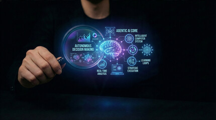 Businessman interacting with ai hologram in office, Concept of artificial intelligence, chatbot, virtual assistant, and generative AI technology.
