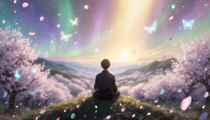 Obraz premium An anime man sitting on top of mountain while staring at beautiful mountain landscape, with sakura trees, butterfly, and beautiful magical sky scene