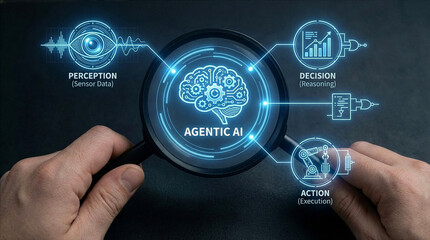 Businessman interacting with ai hologram in office, Concept of artificial intelligence, chatbot, virtual assistant, and generative AI technology.