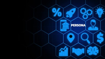 Buyer or customer persona concept. Psychology profile or characteristics. Personalized marketing. Data analytics for plan. Touching on persona text surrounded with persona icon on smart background.