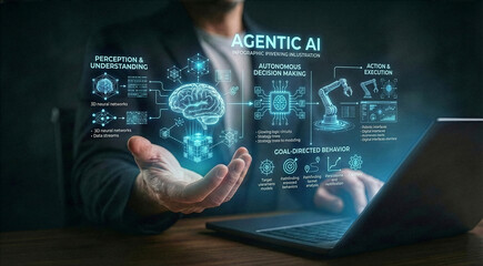 Businessman interacting with ai hologram in office, Concept of artificial intelligence, chatbot, virtual assistant, and generative AI technology.
