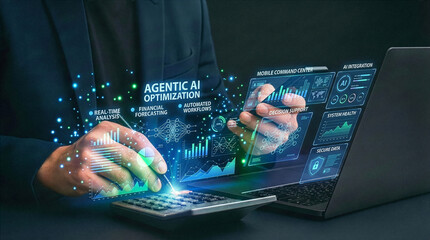 Businessman interacting with ai hologram in office, Concept of artificial intelligence, chatbot, virtual assistant, and generative AI technology.