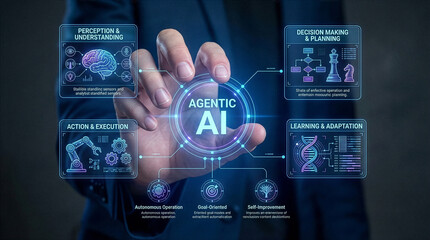 Businessman interacting with ai hologram in office, Concept of artificial intelligence, chatbot, virtual assistant, and generative AI technology.