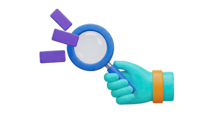 3D Render of Hand Holding Magnifying Glass with Rectangles