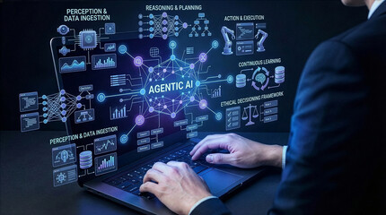 Businessman interacting with ai hologram in office, Concept of artificial intelligence, chatbot, virtual assistant, and generative AI technology.