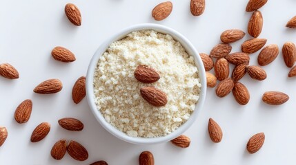 Almond flour and almonds on white background for baking and cooking