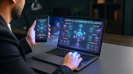 Businessman interacting with ai hologram in office, Concept of artificial intelligence, chatbot, virtual assistant, and generative AI technology.