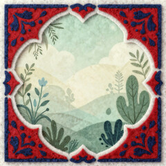 Traditional Felt Frame with Soft Landscape Illustration in Kyrgyz Shyrdak Style