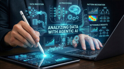 Businessman interacting with ai hologram in office, Concept of artificial intelligence, chatbot, virtual assistant, and generative AI technology.