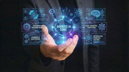 Businessman interacting with ai hologram in office, Concept of artificial intelligence, chatbot, virtual assistant, and generative AI technology.