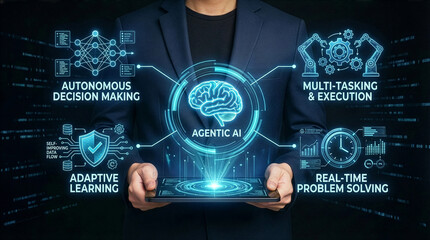 Businessman interacting with ai hologram in office, Concept of artificial intelligence, chatbot, virtual assistant, and generative AI technology.