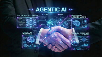 Businessman interacting with ai hologram in office, Concept of artificial intelligence, chatbot, virtual assistant, and generative AI technology.