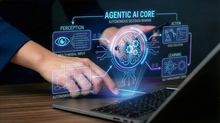 Businessman interacting with ai hologram in office, Concept of artificial intelligence, chatbot, virtual assistant, and generative AI technology.