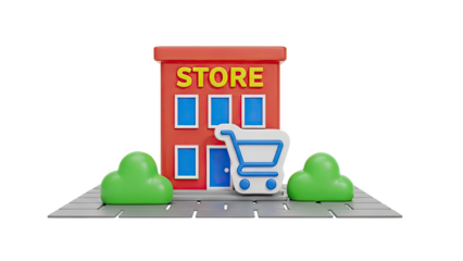 3D Store Building with Shopping Cart Icon