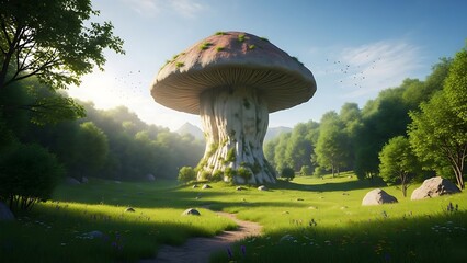 A giant mushroom stands tall in a lush green meadow surrounded by trees under a clear blue sky