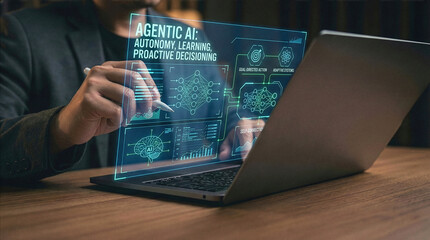 Businessman interacting with ai hologram in office, Concept of artificial intelligence, chatbot, virtual assistant, and generative AI technology.