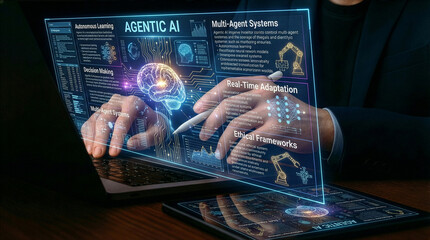 Businessman interacting with ai hologram in office, Concept of artificial intelligence, chatbot, virtual assistant, and generative AI technology.