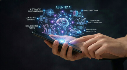 Businessman interacting with ai hologram in office, Concept of artificial intelligence, chatbot, virtual assistant, and generative AI technology.