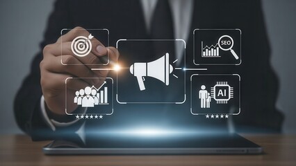 Businessman interacts with digital marketing strategy icons