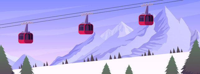 Snowy ski slope and ski lifts, pine trees on a winter mountain background, vector flat winter sports, winter resort © sabelskaya