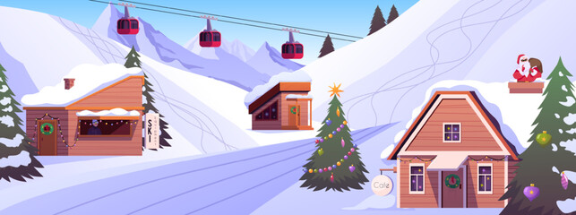 Ski slope and lifts, pine trees and cottages with Christmas decorations on mountain background, winter holiday resort © sabelskaya