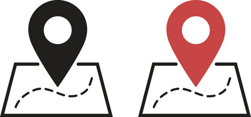 Map location and navigation icon set, GPS pin pointer symbol on globe and paper map, Route destination tracking graphics, Red and black waypoint marker for travel ui ux web design vector illustration.