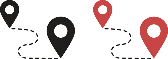 Flat map route icons with large GPS location pin, Red and black navigation pointer symbols for travel path and destination tracking, Vector graphic elements for waypoint and direction design.
