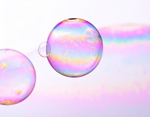 Close-up shot of iridescent bubbles floating on a light background