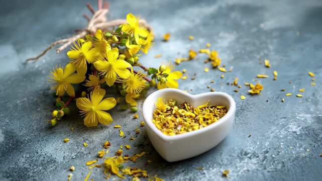 St johns wort flowers and dried petals in heart bowl on rustic blue background, 4k video