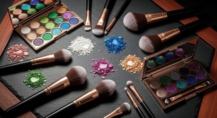 Makeup Brushes and Eyeshadow Palettes Scattered