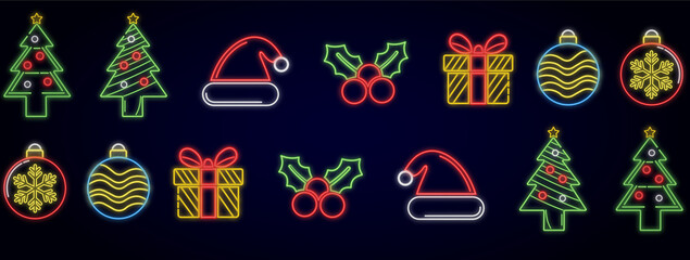 Christmas neon icons vector set decorated trees with stars, santa hats, holly with berries, wrapped gifts, and ornate in bright glowing holiday symbols tree gift ornament dark background.