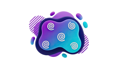 Abstract 3D liquid shapes with swirls and stripes in purple and blue