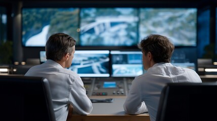 Hydropower dam technicians overseeing energy distribution control panels, water flow graphics shifting as turbines spin at full capacity — renewable generation, resource management, and national