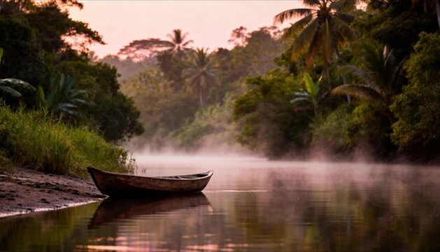 peaceful tropical backwater river scene with dense green vegetation and a wooden canoe at dawn perfect for world wetlands day