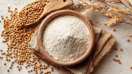 Millet flour and seeds on rustic table with wooden spoon and wheat